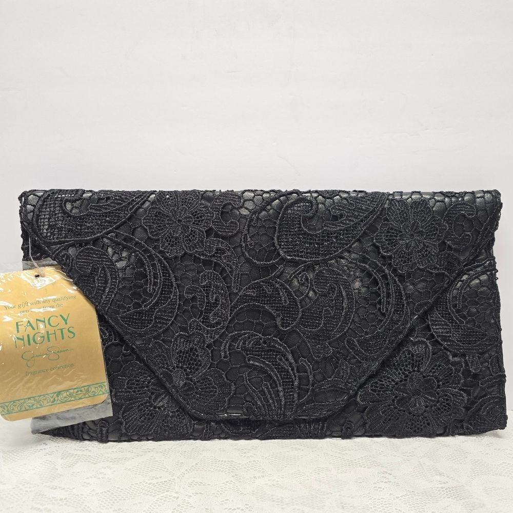 Jessica Simpson Black Large Faux Leather Lace Top Envelope Evening Clutch NWT
